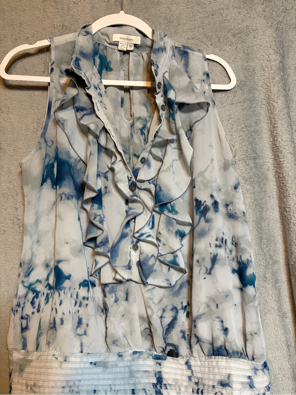 dressbarn Blue Tie-Dye Ruffle Front Sleeveless Camisole